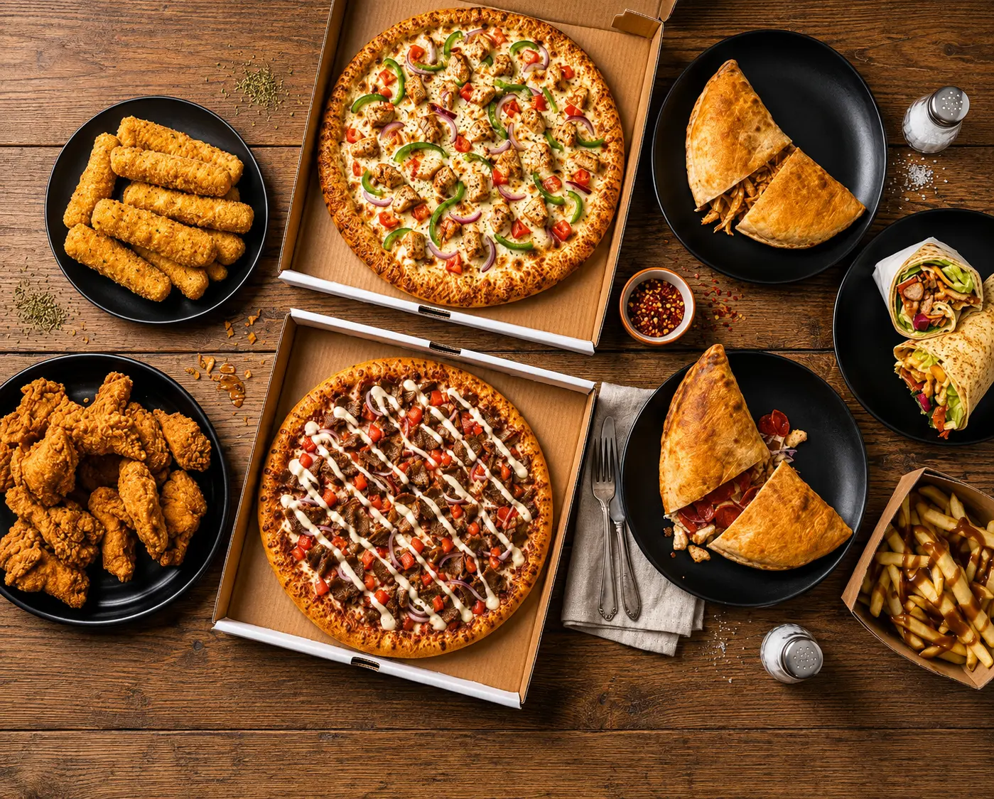 Freshly baked pizza and stuffed calzones at Calzone Express, a pizza and calzone restaurant in Calgary SW