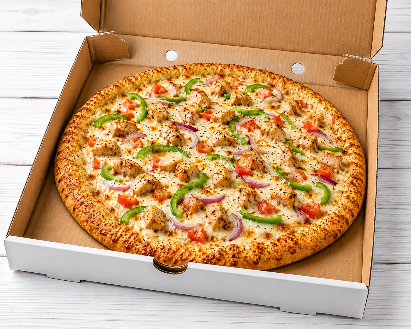 Butter Chicken Pizza with creamy butter sauce, onion and green pepper in southwest Calgary, AB