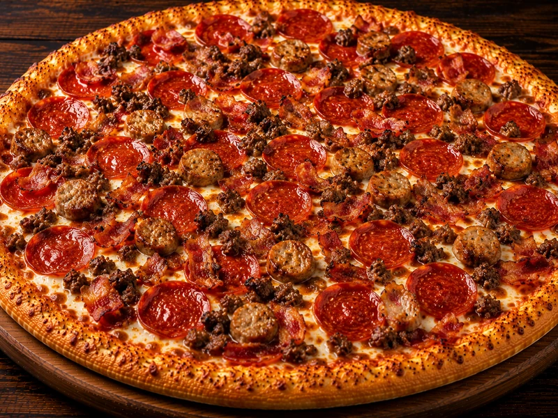Meat Lovers Pizza loaded with meat toppings at Calzone Express in Calgary, AB