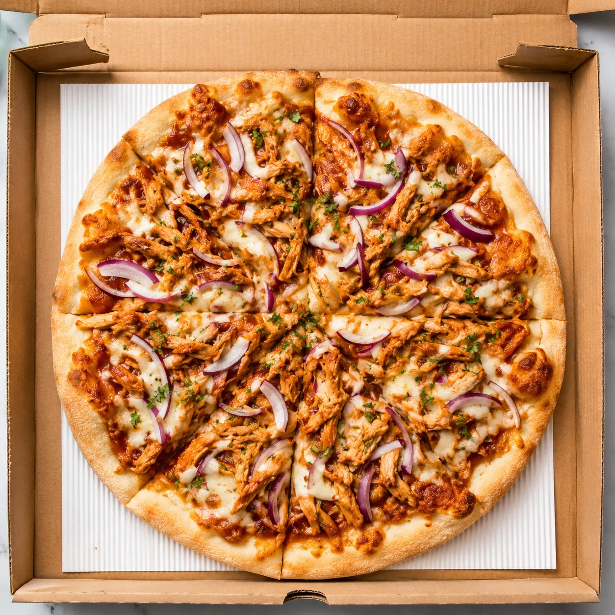 BBQ Chicken Pizza with grilled chicken, onion, mushroom, bell peppers and BBQ sauce at Calzone Express in Calgary, AB